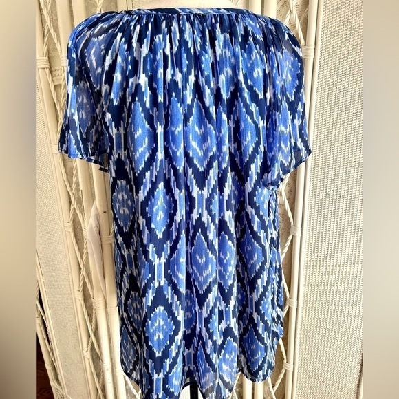 Talbots Top Blue Ikat Diamond Pattern Tie Neck Floaty Short Sleeves size 1X - Picture 8 of 16
